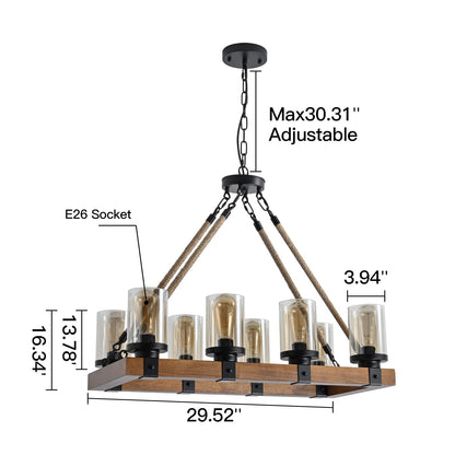 8-Light Farmhouse Chandelier Kitchen Island Light Fixture, Wood Chandeliers, Candle Pendant Light, Glass Lodge and Tavern Pendant Lighting 480W Max (Bulb Not Included)