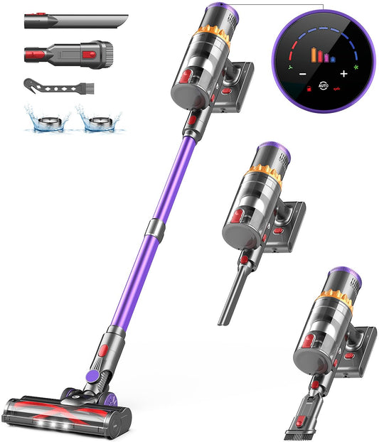 CHE BIO Cordless Stick Vacuum Cleaner, 550W/45Kpa with Smart Display, MAX 65Mins Runtime, Auto Mode & Anti-Tangle, Lightweight Vacuum for Home, Pet Hair/Carpet/Floor