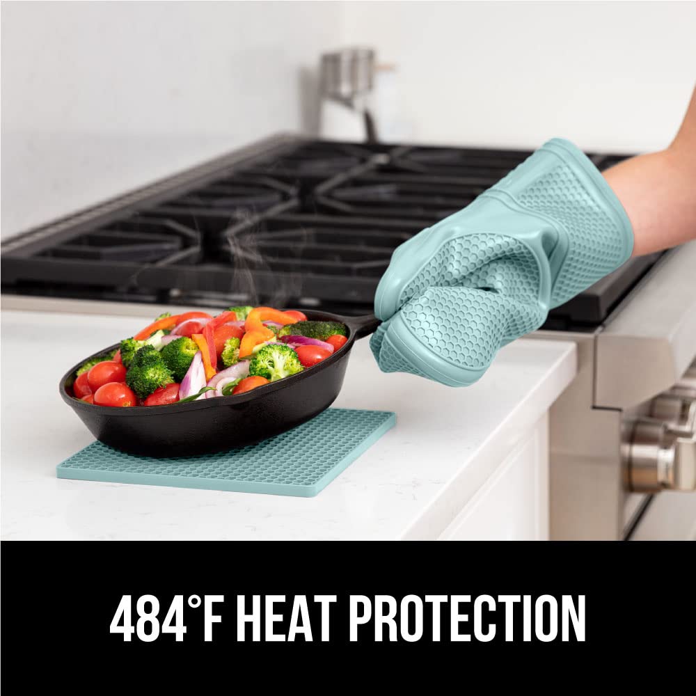 GORILLA GRIP BPA-Free Soft Silicone Oven Mitts and Potholder Set of 4, Heat Resistant Hot Pads, Thick Cotton Lined Cooking Mitt, Long Gloves Protect Hands, Kitchen Waterproof Trivet Mats, 12.5" Mint