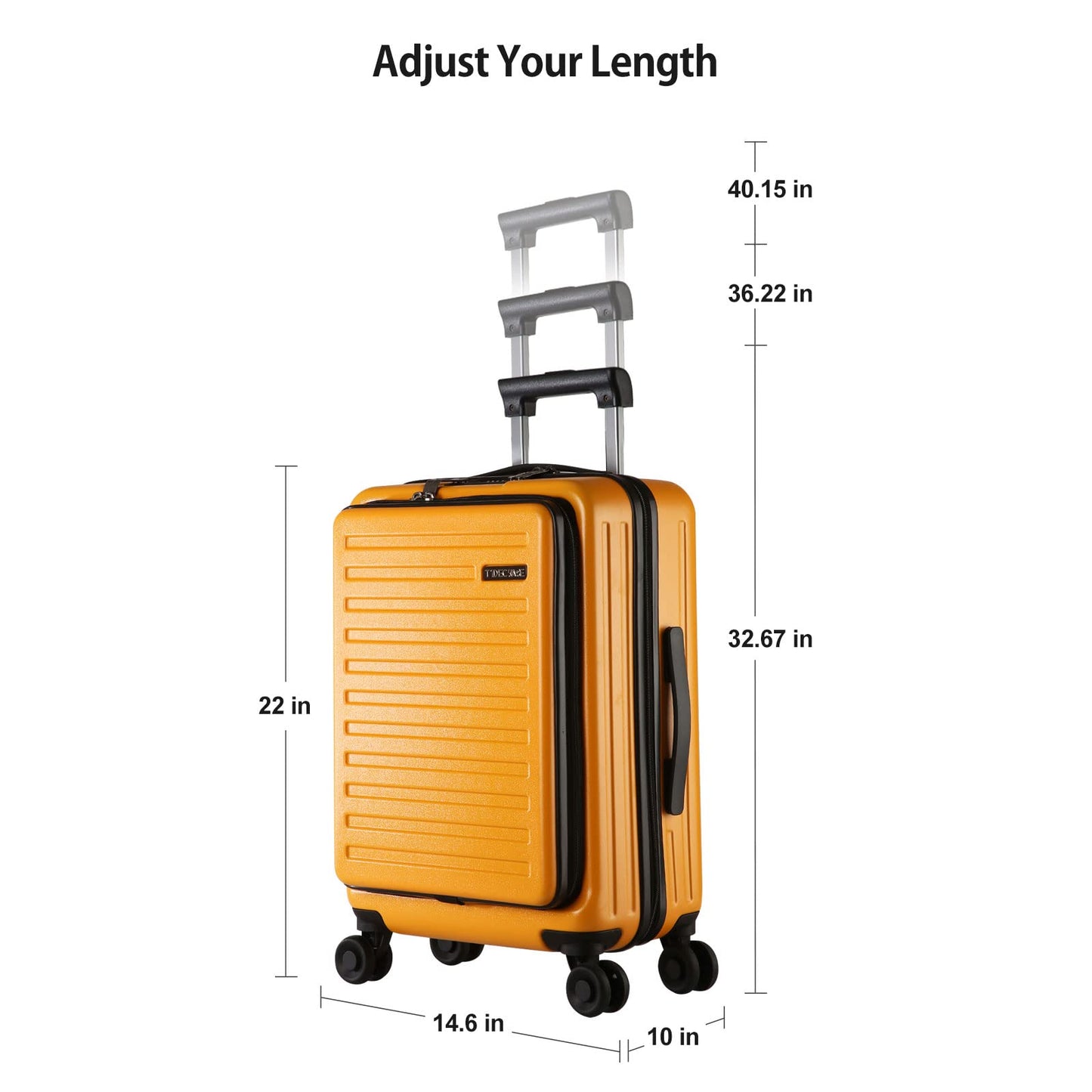 TydeCkare 20 Inch Carry On Luggage with Front Zipper Pocket, 45L, Lightweight ABS+PC Hardshell Suitcase with Spinner Silent Wheels, Convenient for Business Trips, Orange