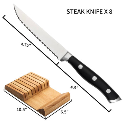 Alata 8-Piece Steak Knives Set with Block, Stainless Steel Steak Knife set with Serrated Edge, Razor-Sharp, Full-Tang Construction, Dishwasher Safe