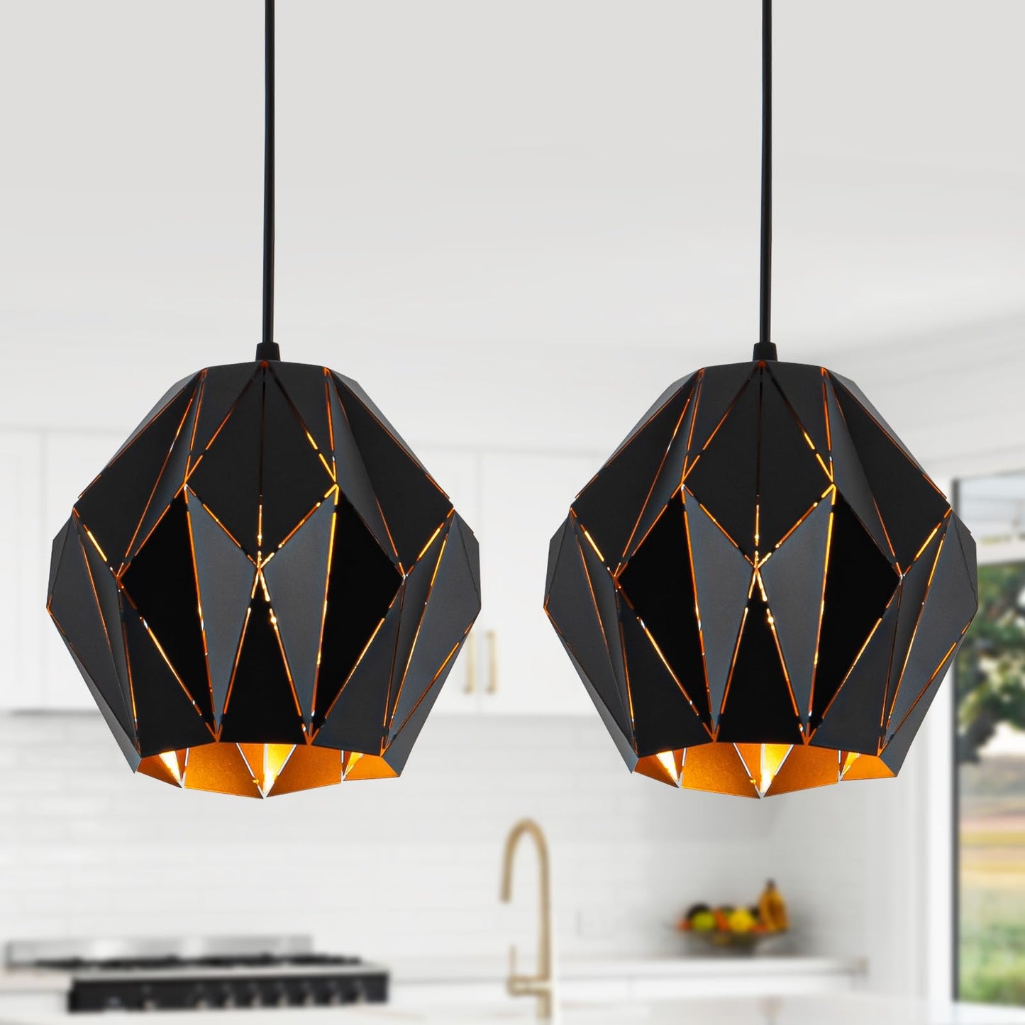 Omgomne Industrial Pendant Lights Kitchen Island,Black Ceiling Lighting Fixture Chandelier with Metal Geometric Diamond Shade Vintage Pendant Lamp for Dining Living Room Bedroom 1 Light