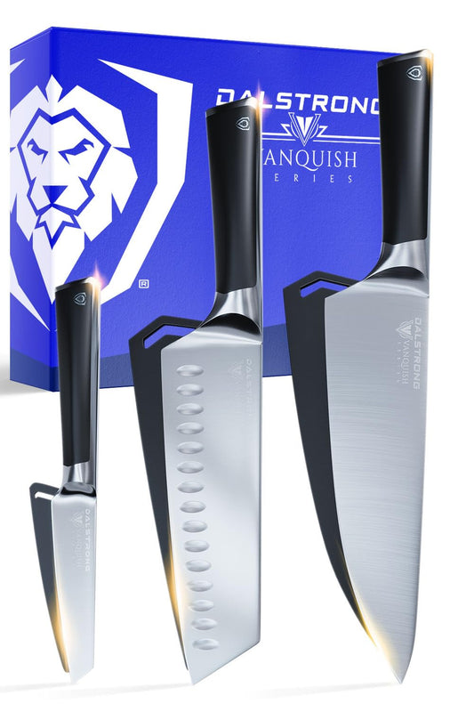 Dalstrong 3pc Knife Set - Vanquish Series - Forged High Carbon German Steel - Black Handle - Chef Knife, Santoku and Paring - Razor Sharp Kitchen Set - NSF Certified