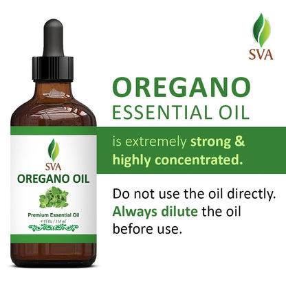 SVA Oregano Essential Oil – 4 Fl Oz – 100% Natural Oregano Oil - for Diffuser, Hair Care, Face, Skin Care, Aromatherapy, Scalp and Body Massage, Soap and Candle Making – with Dropper