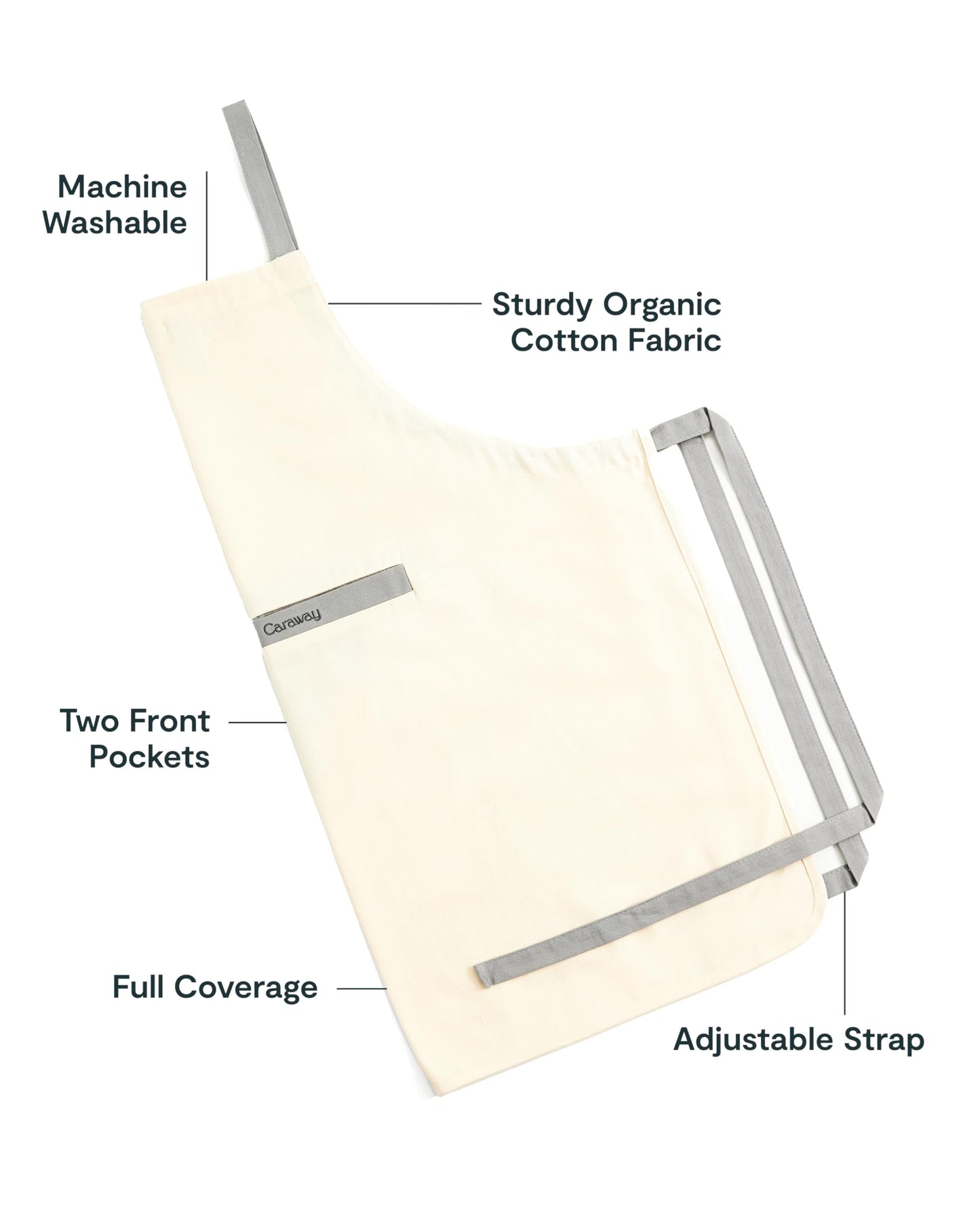 Caraway Apron - 100% Organic Cotton Apron - Features 2 Pockets & Adjustable Neck Strap - Absorbs Liquids & Dissipates Heat With Ease - Machine Washable - One Size - Cream