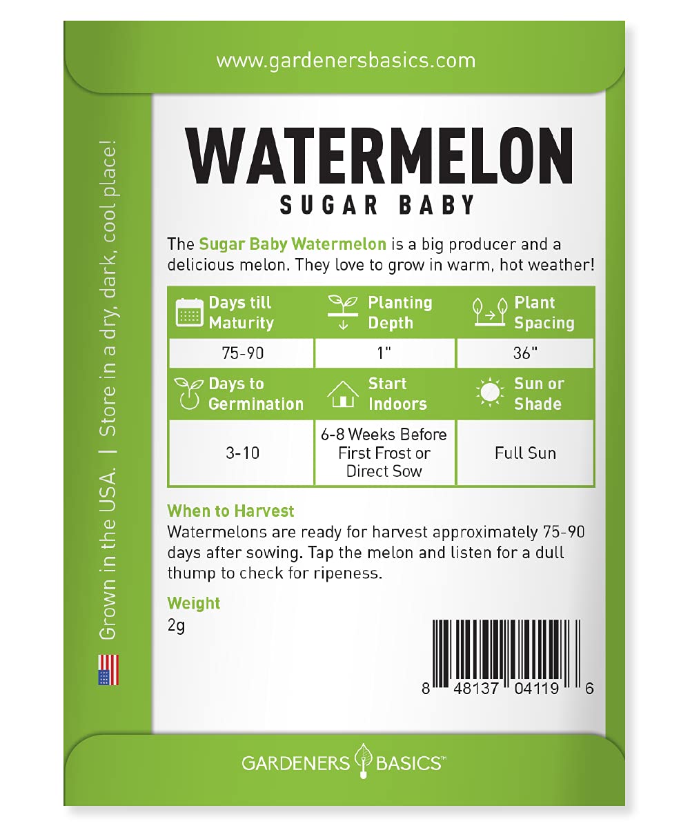 Gardeners Basics, Watermelon Seeds for Planting - Sugar Baby Heirloom Variety, Non-GMO Fruit Seed - 2 Grams of Seeds Great for Outdoor Garden