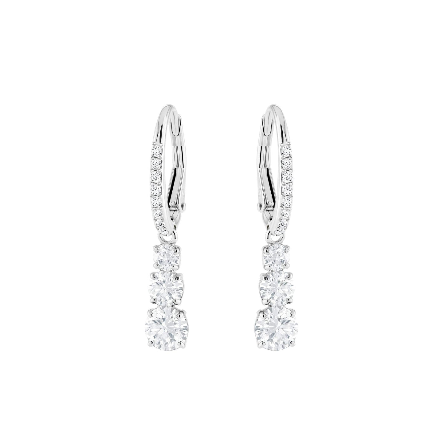 Swarovski Stilla Attract Trilogy Drop Pierced Earrings with White Crystals on a Rhodium Plated Setting with Hinged Closure