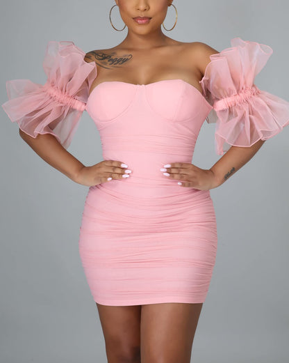 Pink Dress for Women, Off The Shoulder Puff Sleeve Bodycon Short Dresses for Women Party Night Pink Small