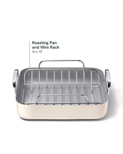 Caraway Roasting Pan - 16x13” Roasting Pan with Rack - Non-Stick Ceramic Coated - Non Toxic, PTFE & PFOA Free - Oven Safe & Compatible with All Stovetops - Cream