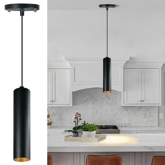 Arcfox 10W Pendant Light, Adjustable Height Modern Cylinder LED Pendant Lights Kitchen Island Fixtures, Dimmable Ceiling Hanging Lights for Kitchen Dining Room Bar (Black-1pcs)