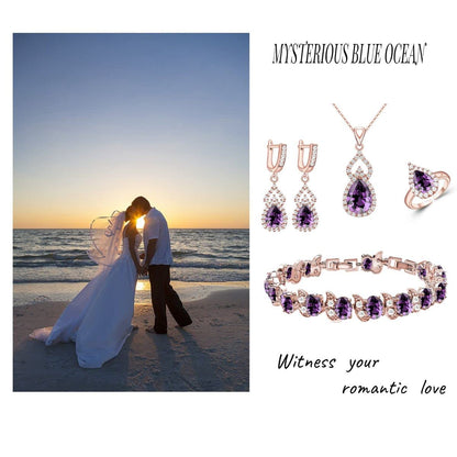 LMXXVJ Rose Gold Plated Jewelry Sets for Women，Feb Birthstone Purple Created Amethyst Necklace Earring Open Ring Bracelet Set ,Christmas Birthday Prom Thanksgiving Day Festival Gifts for Mom/Wife/Sister/Best Friend