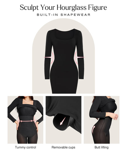 Popilush Long Sleeve Cocktail Dress for Women Midi Dresses Shapewear Tummy Control Black Bodycon Dress Built-in Bra