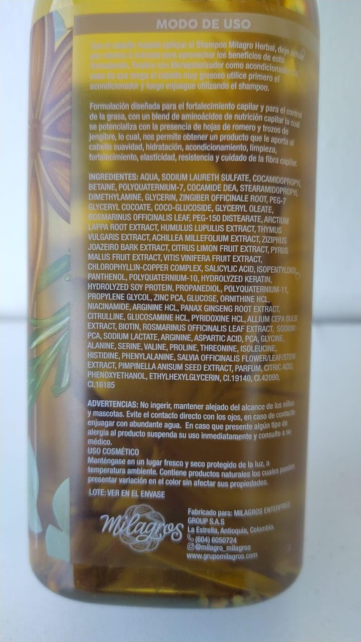 MILAGROS Shampoo Herbal - Romero y Jengibre 100% natural | Combate caida del cabello y promueve su crecimiento