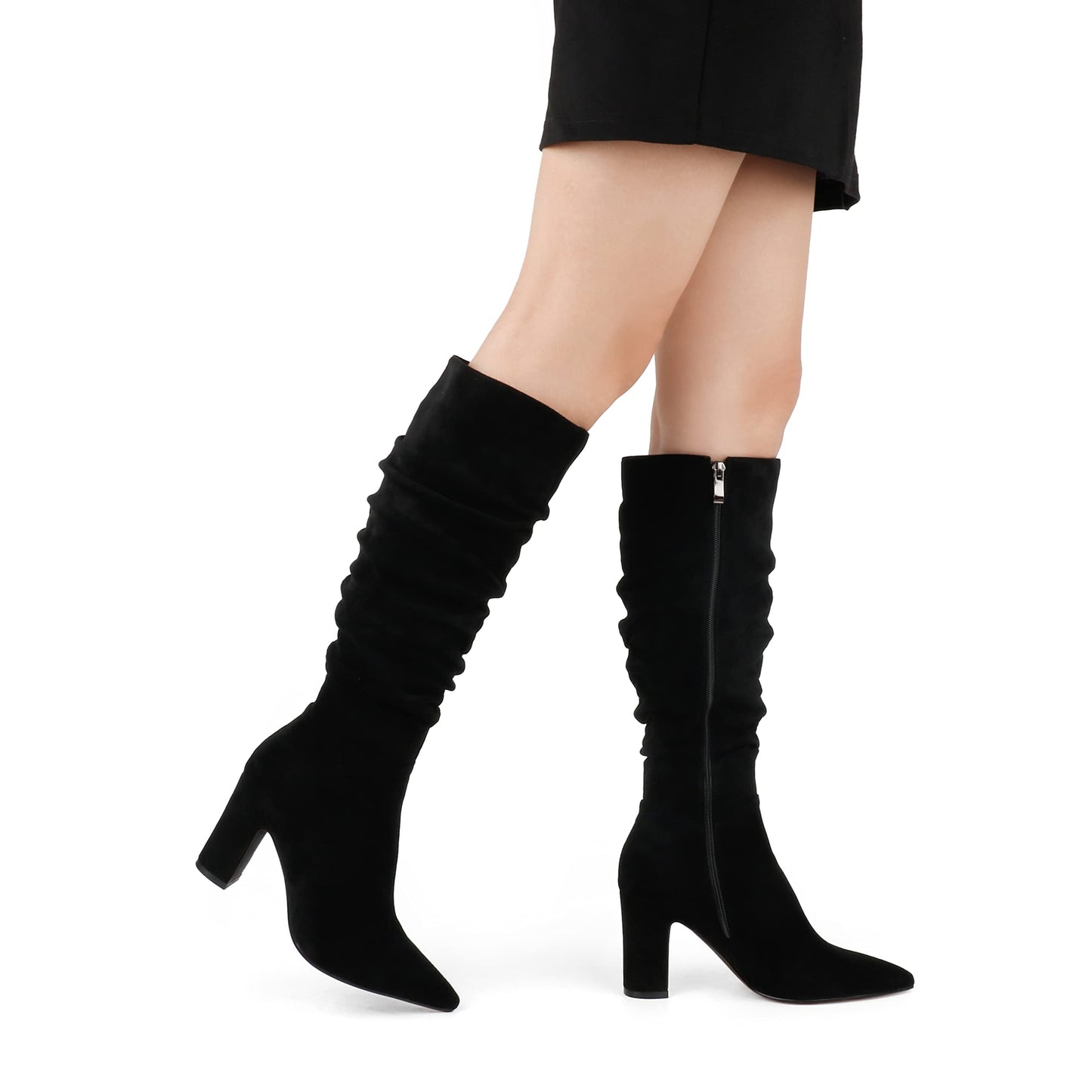 JOY IN LOVE Women's High Block Heel Wrinkled Slouchy Zipper Knee High Boots Black S-BD US 6.5