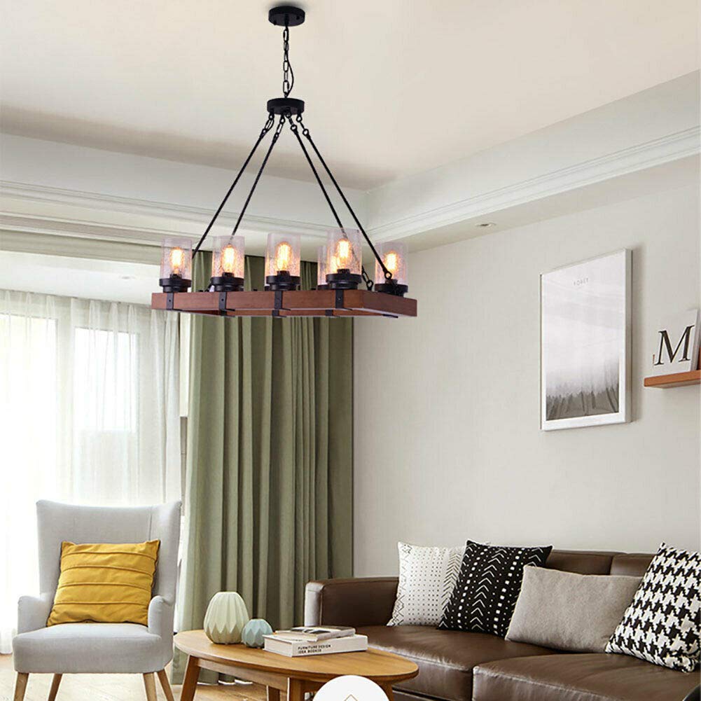 8-Lights Candle Pendant Light 480W(Max) Lodge Tavern Wood Chandelier Safety, for Living Room/Bedroom/Dining Room/Kitchen