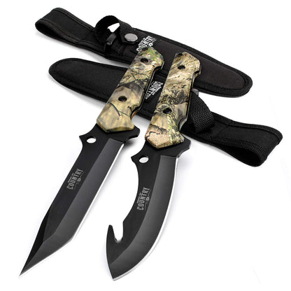 Mossy Oak Fixed Blade Hunting Knife Set - 2 Piece, Full Tang Handle Straight Edge and Gut Hook Blades Game Processing Knife, Sheath Included