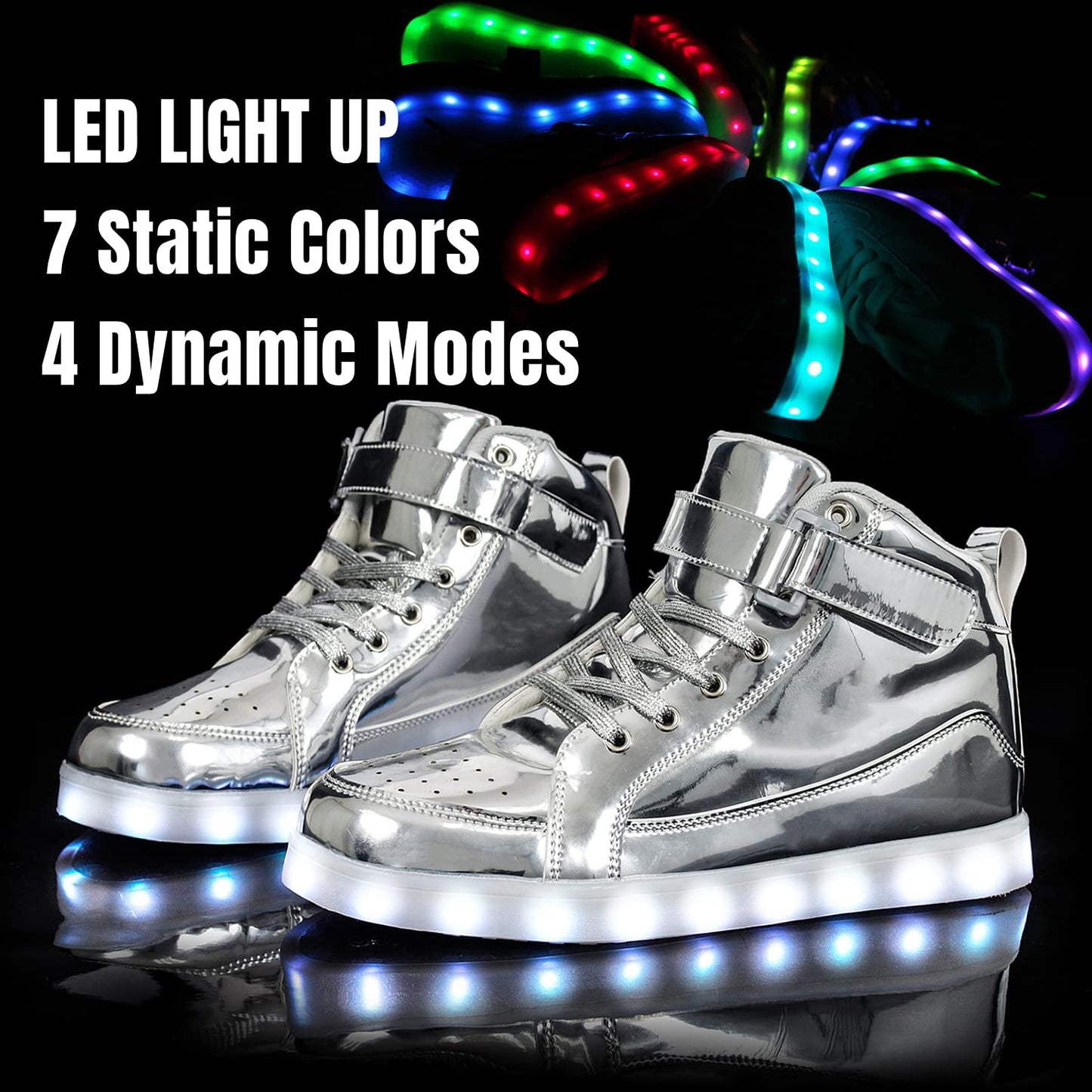 IGxx LED Light Up Shoes for Men USB Recharging High Top LED Sneakers Women Kids Silver