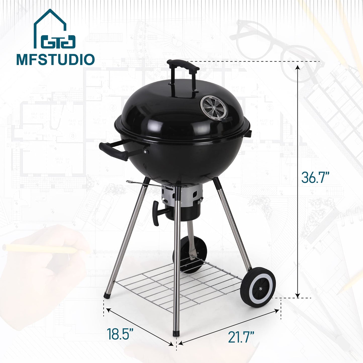 MFSTUDIO 18" Kettle Charcoal Grill, Porcelain-Enameled BBQ Charcoal Grill with Slide Out Ash Catcher for Barbeque, Outdoor Charcoal Cooking Grill, Black