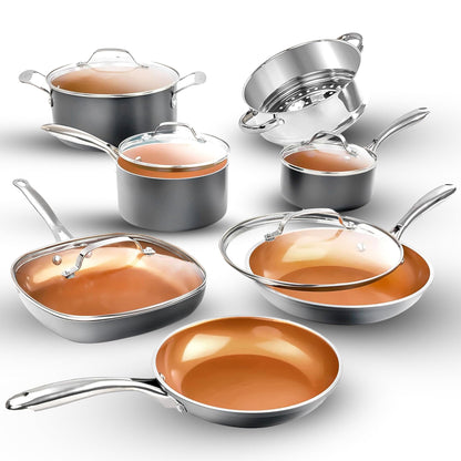 Gotham Steel 12 Pc Ceramic Pots and Pans Set Non Stick, Kitchen Cookware Sets, Pot and Pan Set, Ceramic Cookware Set, Non Toxic Cookware Set, Non Stick Pots and Pan Set, Oven Dishwasher Safe - Copper