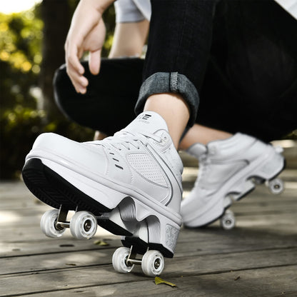 2-in-1 Roller Skates Shoes with Retractable 4 Wheels & Pop-Out Deformation Sneakers Outdoor Sports Skating Shoes for Girls Boys