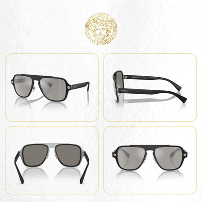 Versace VE2199 MEDUSA CHARM 10006G 56MM Matte Black/Light Grey Mirror Silver Square Sunglasses For Men + BUNDLE With Designer iWear Eyewear Kit