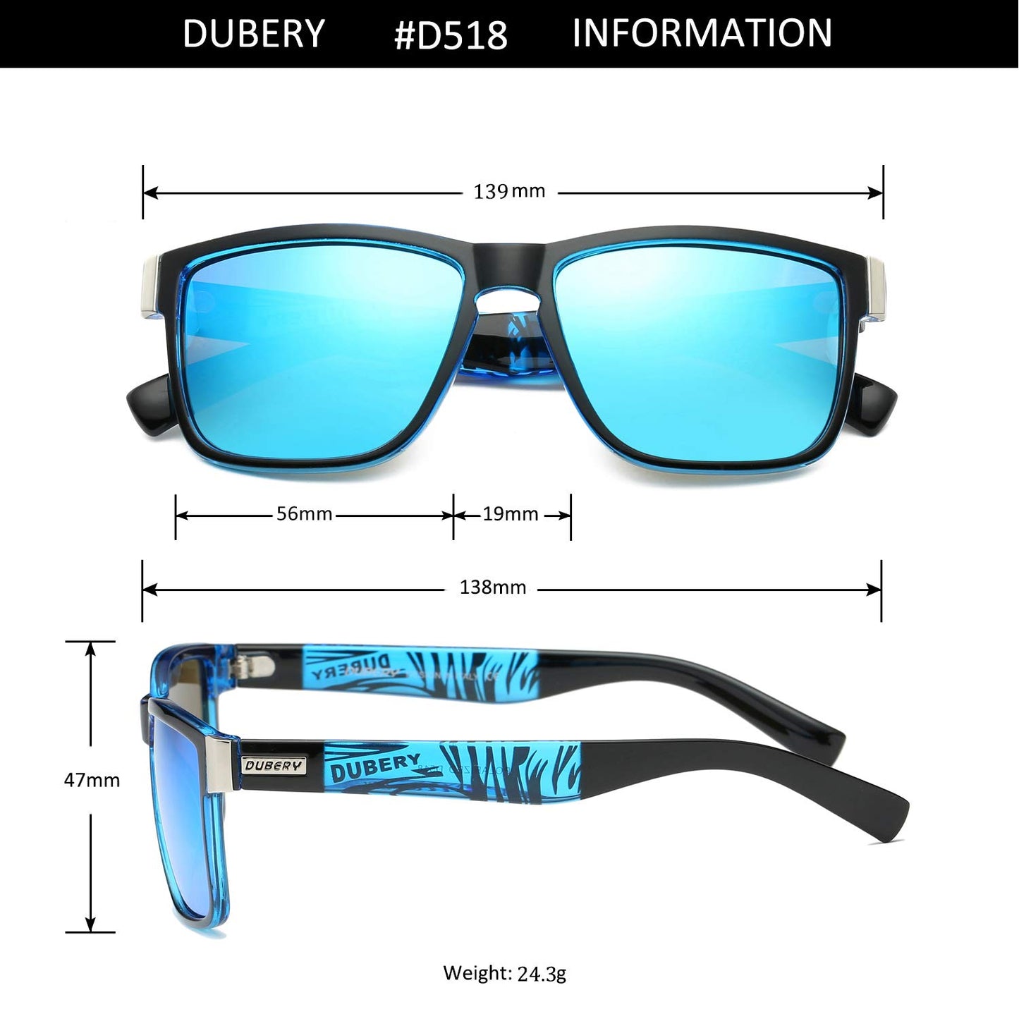 DUBERY Vintage Polarized Sunglasses for Men Women Retro Square Mirrored Lens Sun Glasses D518, Blue