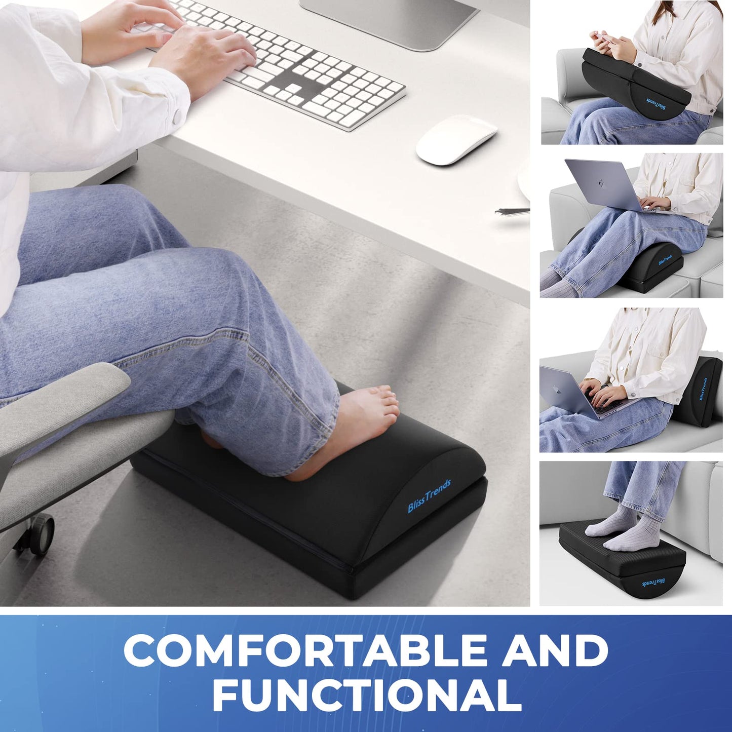 BlissTrends Foot Rest for Under Desk at Work-Versatile Foot Stool with Washable Cover-Comfortable Footrest with 2 Adjustable Heights for Car,Home and Office to Relieve Back,Lumbar,Knee Pain-Black