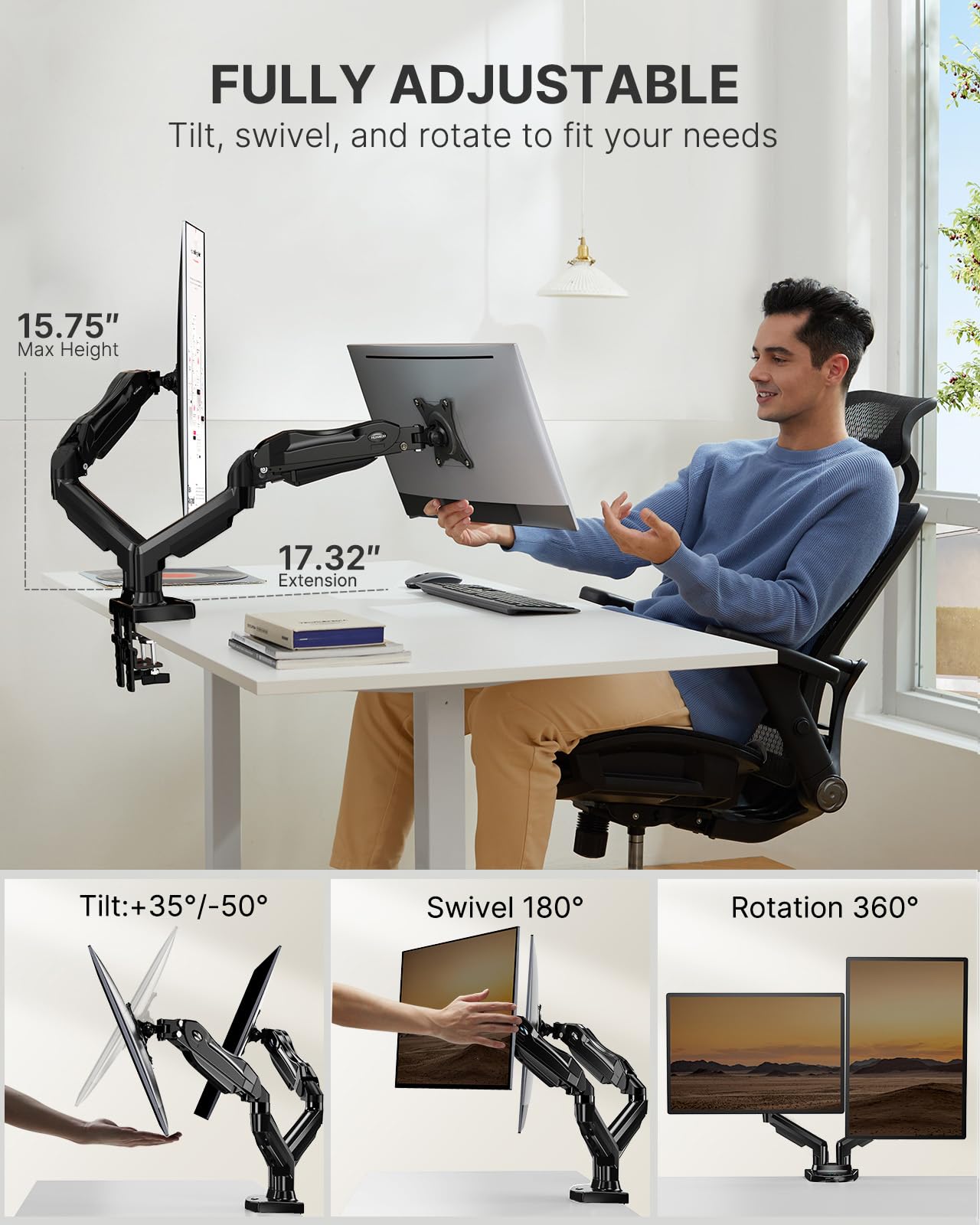 HUANUO Dual Monitor Stand - Full Adjustable Monitor Desk Mount Swivel Vesa Bracket with C Clamp, Grommet Mounting Base for 13 to 32 Inch Computer Screens - Each Arm Holds 4.4 to 19.8lbs