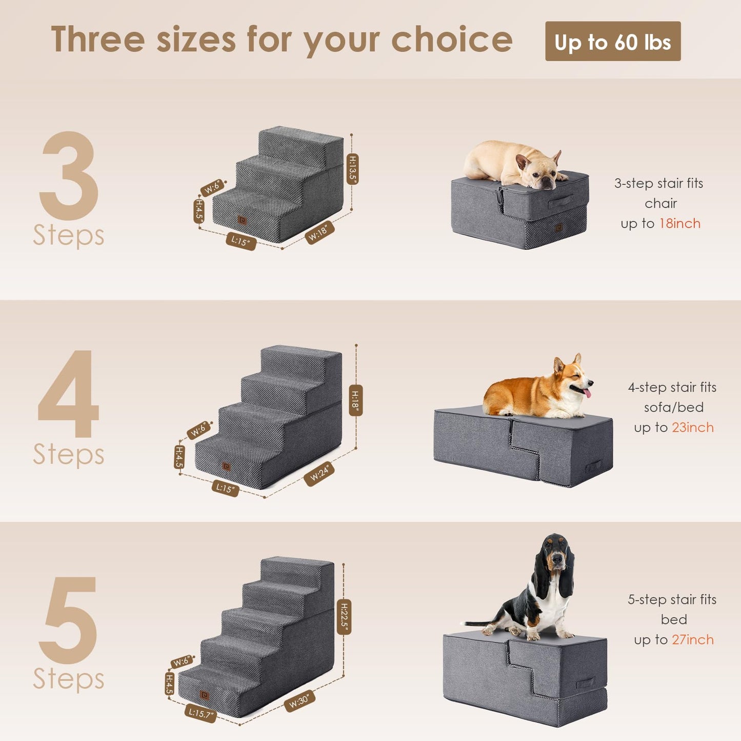 EHEYCIGA Dog Stairs Ramp for Bed 18”H, 4-Step Dog Steps for High Bed, Pet Steps for Small Dogs and Cats, Non-Slip Balanced Dog Indoor Ramp, Grey