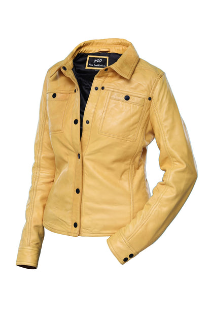 Jild Womens Button Front Lambskin Leather Jacket Shacket - Casual Shirt Long Sleeve Leather Jacket Women with Bust Pocket (Yellow-L)