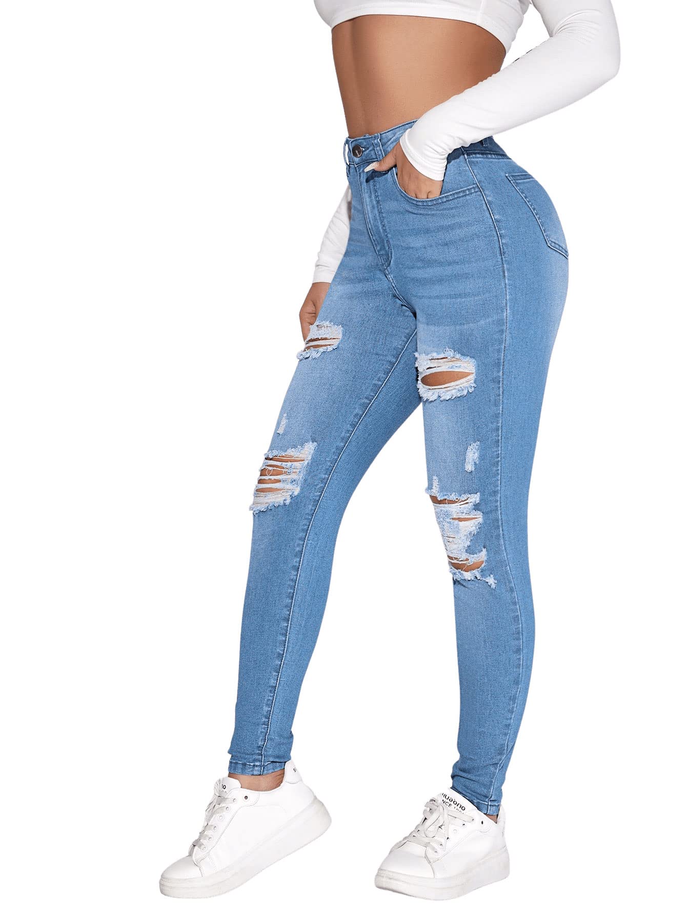 SweatyRocks Women's Casual High Rise Ripped Jeans Zipper Fly Skinny Denim Pants Light Wash L