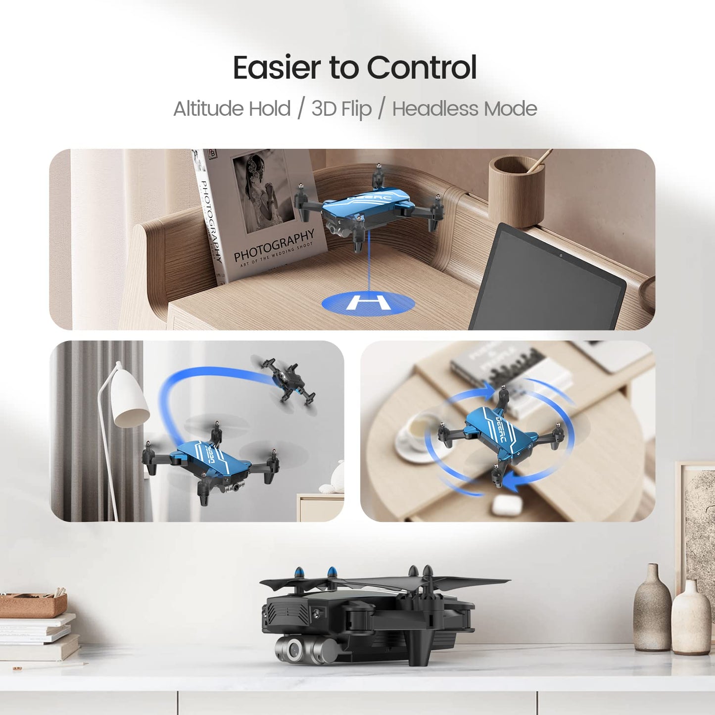 DEERC D20 Mini Drone with Camera for Kids, Remote Control Toys Gifts for Boys Girls with Voice Control, Gestures Selfie, Altitude Hold, Gravity Control, One Key Start, 3D Flips 2 Batteries, Blue