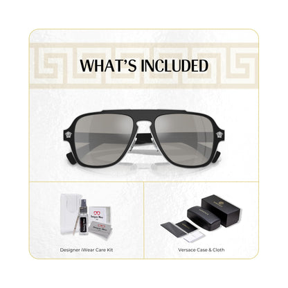 Versace VE2199 MEDUSA CHARM 10006G 56MM Matte Black/Light Grey Mirror Silver Square Sunglasses For Men + BUNDLE With Designer iWear Eyewear Kit