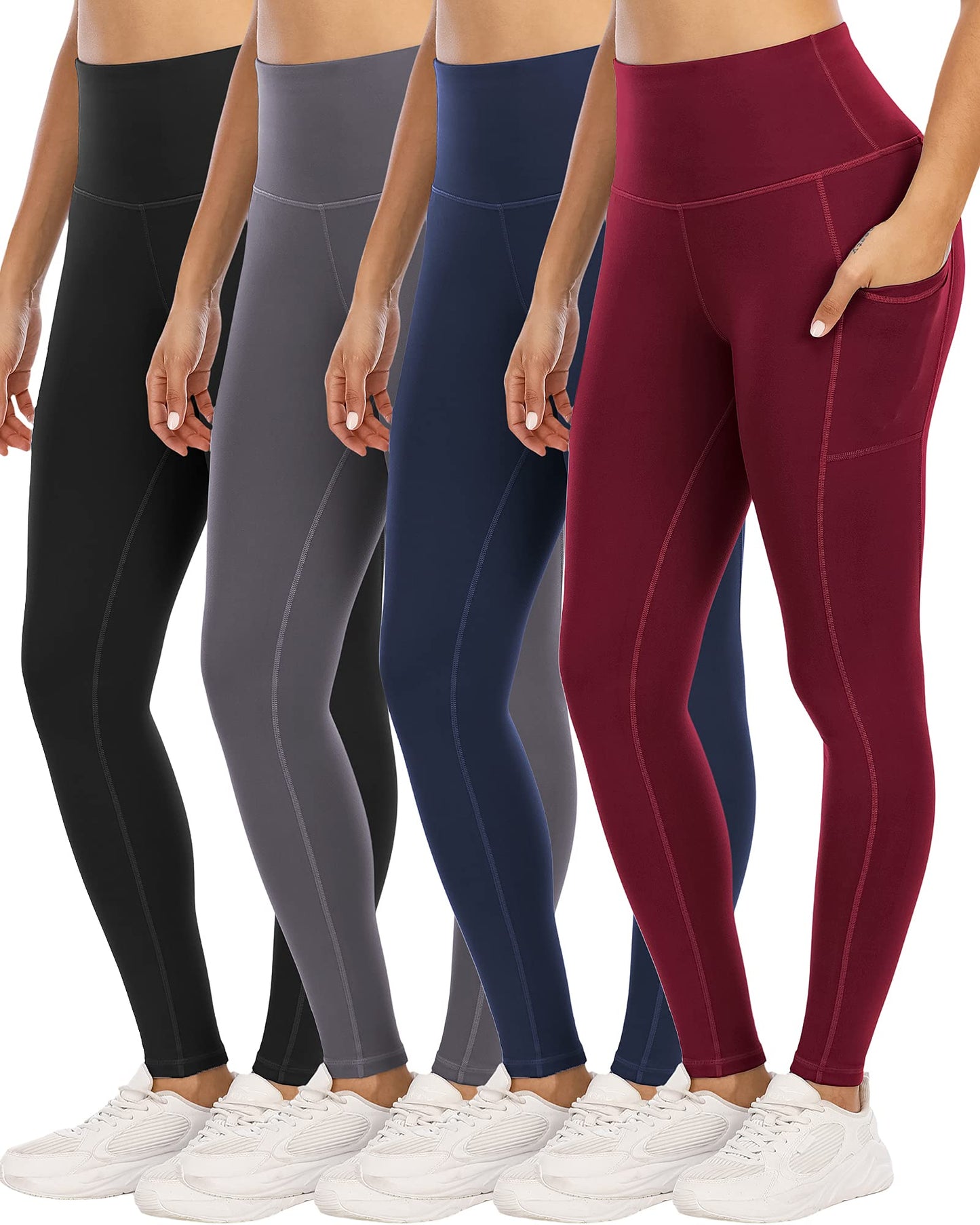 YOUNGCHARM 4 Pack Leggings with Pockets for Women,High Waist Tummy Control Workout Yoga Pants BlackDGrayNavyBurgundy-L