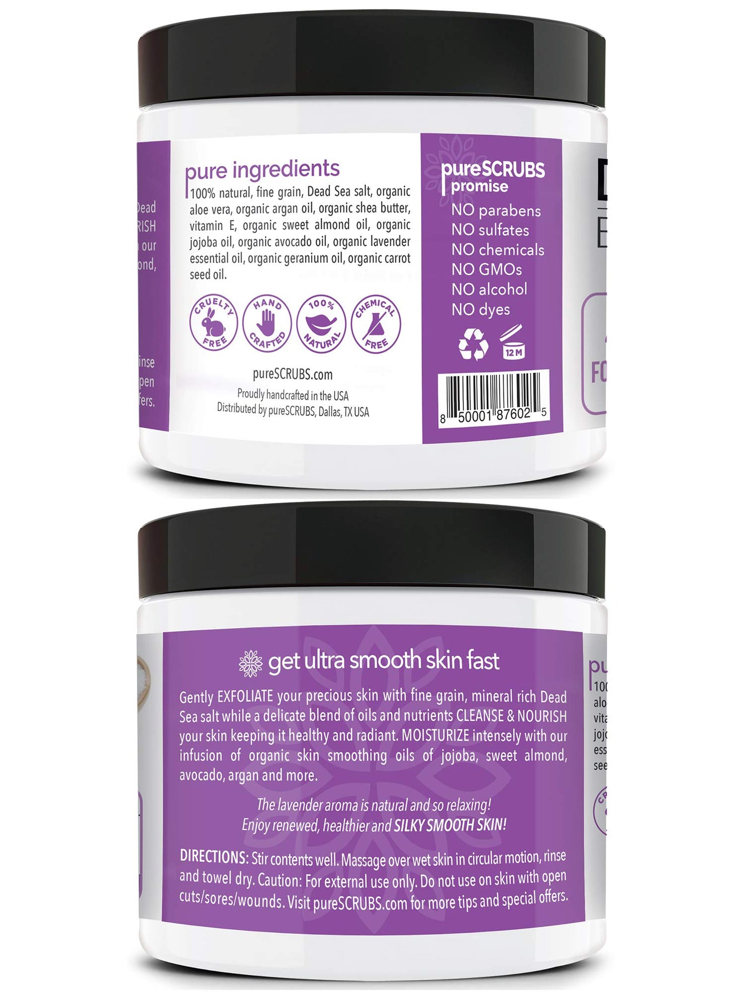 pureSCRUBS Premium Lavender Body Scrub Set - Large 16oz Dead Sea Salt Body Scrub With Infused Essential Oils & Nutrients, Includes Wooden Spoon, Loofah & Oatmeal Exfoliating Bar Soap