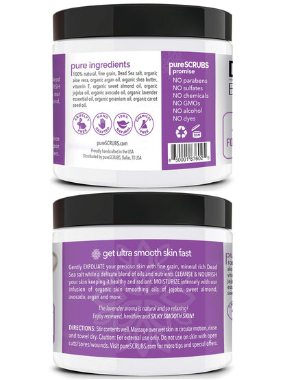 pureSCRUBS Premium Lavender Body Scrub Set - Large 16oz Dead Sea Salt Body Scrub With Infused Essential Oils & Nutrients, Includes Wooden Spoon, Loofah & Oatmeal Exfoliating Bar Soap