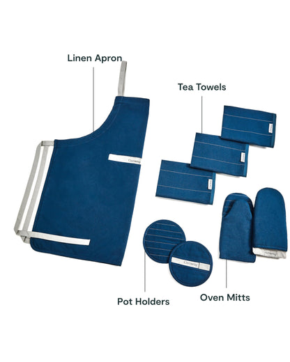 Caraway Linen Set - Apron, Pot Holders, Oven Mitts, & Tea Towels - 100% Organic Cotton - Durable, Machine Washable - Navy