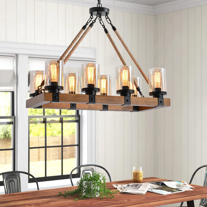 8-Light Farmhouse Chandelier Kitchen Island Light Fixture, Wood Chandeliers, Candle Pendant Light, Glass Lodge and Tavern Pendant Lighting 480W Max (Bulb Not Included)