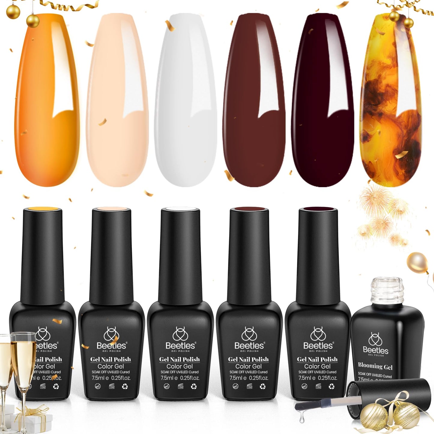 Beetles Gel Nail Polish with Blooming Gel Amber Attraction, 5 Colors Gel Polish White Wine Gel Polish Set 1pcs Clear Blooming Gel Polish Soak Off Uv Valentine Gel Polish Valentine's Day Gift for Women