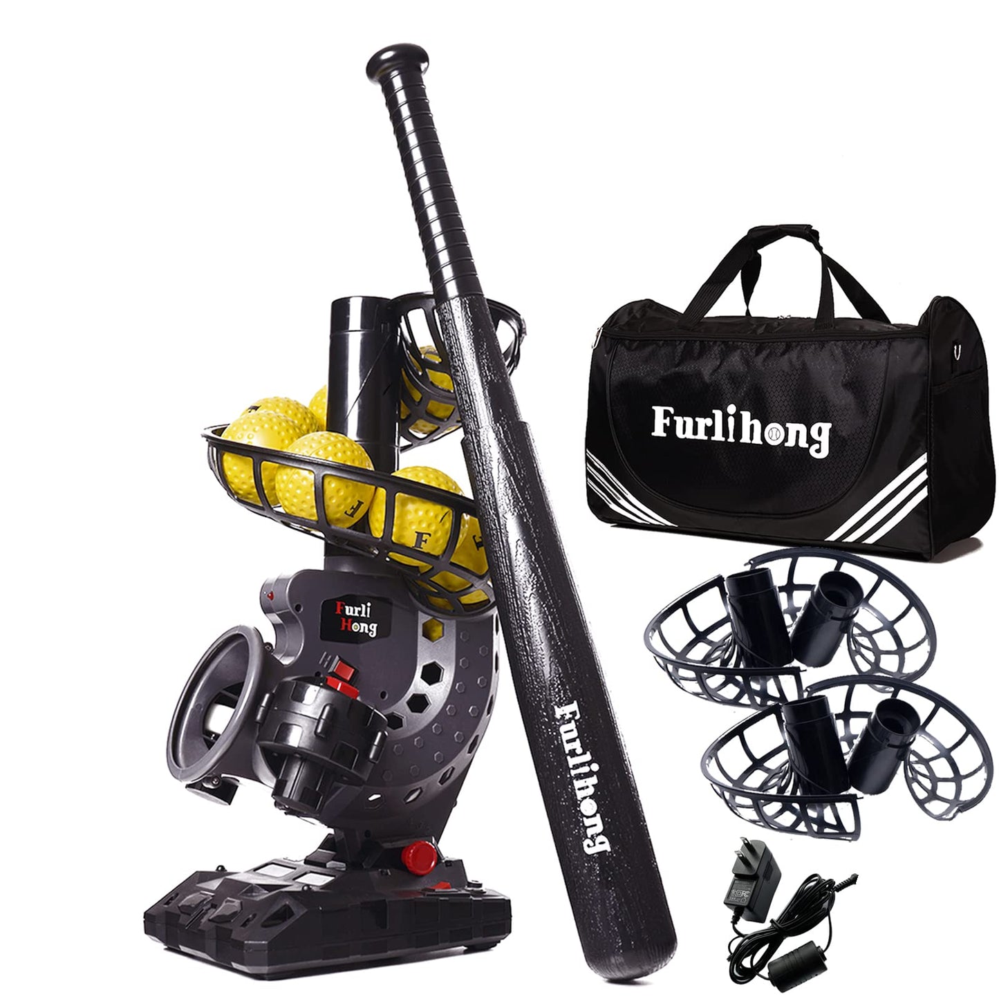 Furlihong Electronic Baseball Pitching Machine Set, Adjustable Angles, Timer and Speed, AC Adapter or Battery Powered, Comes with Bat, 8 Dimpled Balls, 4 Extra Stackers and Carrying Bag