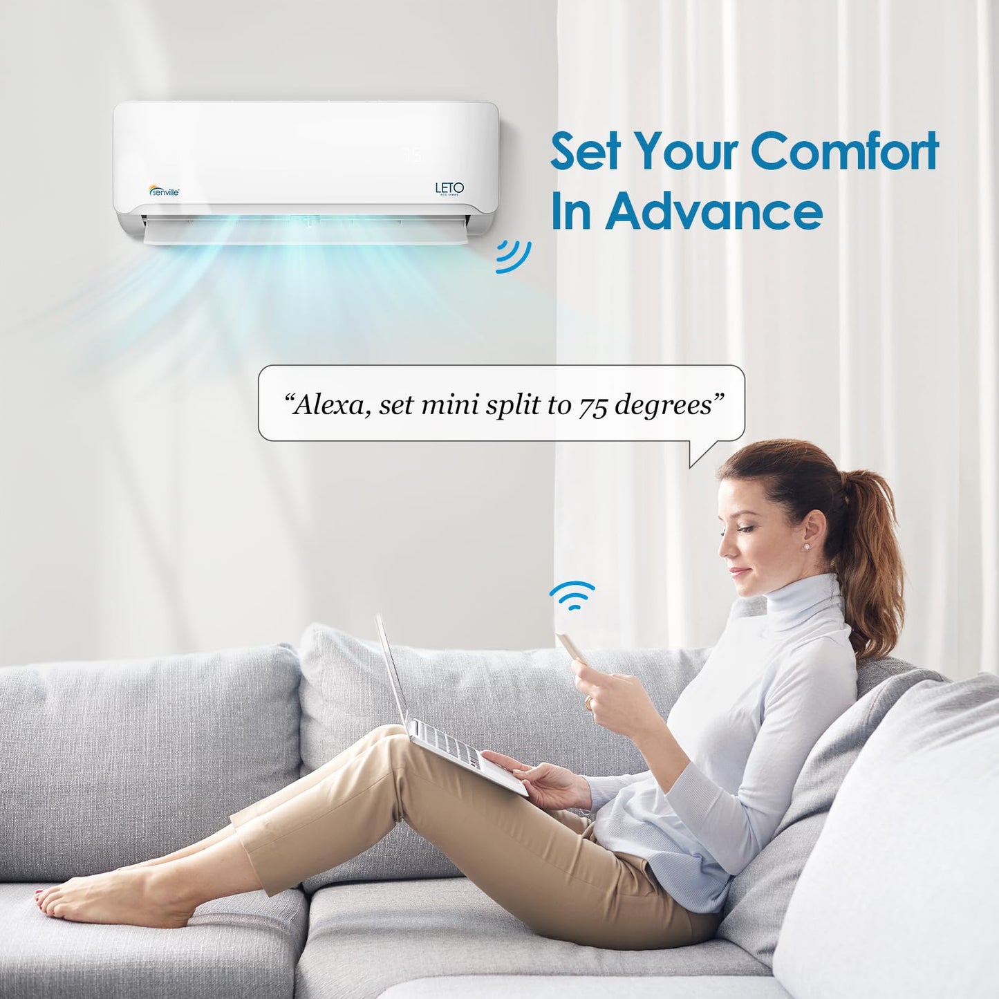 Senville LETO Series Mini Split Air Conditioner Heat Pump, 36000 BTU 208/230V, Inverter, Works with Alexa, 3 Ton, White