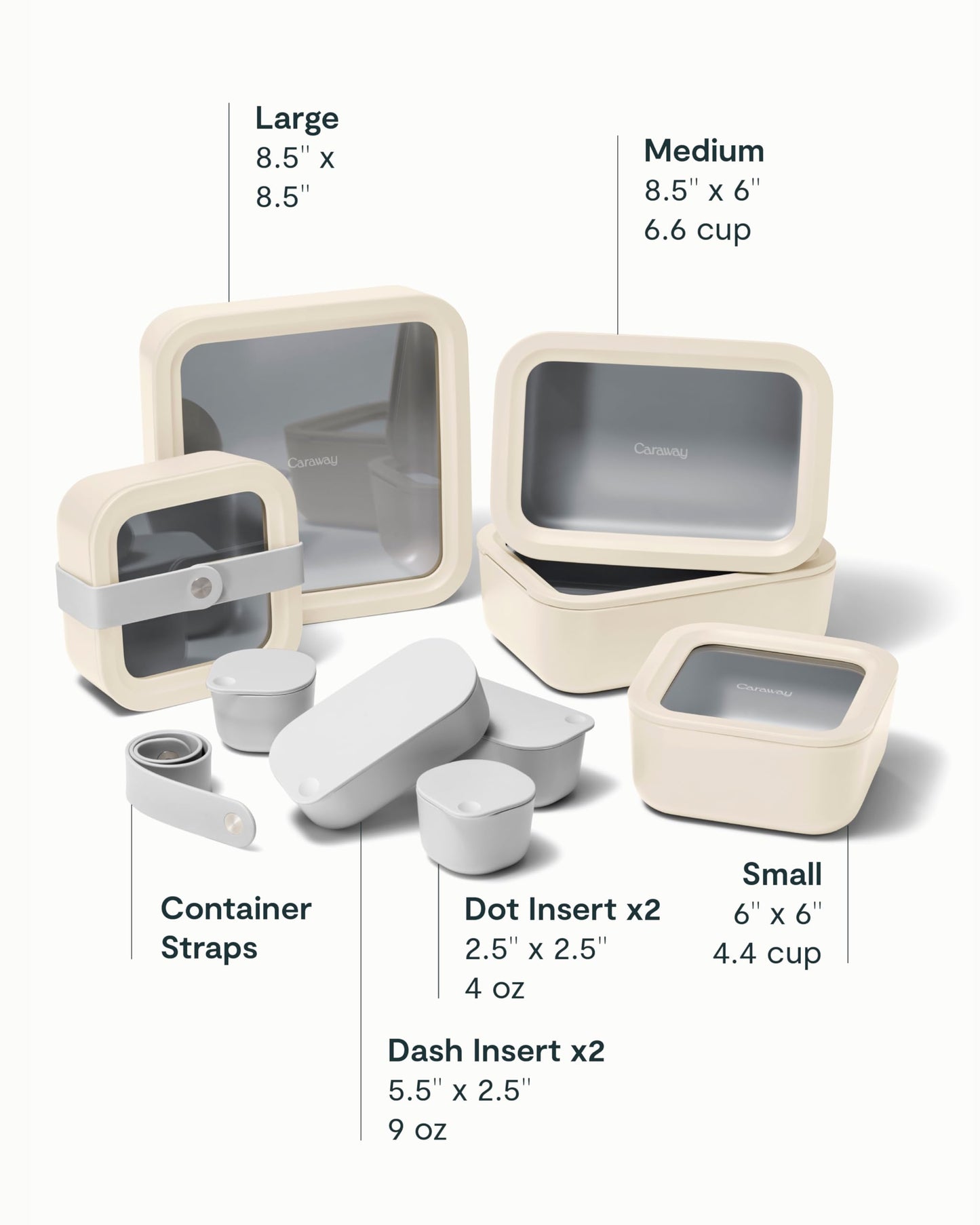 Caraway 14pc Glass Food Storage Container Set - Easy to Store, Non Toxic Lunch Box - with Glass Lids - Includes Storage Organizer & Dot & Dash Inserts - Cream