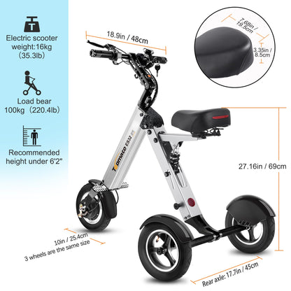 TopMate ES32 Electric Scooter 3 Wheels Foldable Trike with Seat for Adults, Light Weight Mobility with Reverse Function and Key Switch, 10 Inch Pneumatic Tires Tricycle