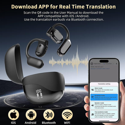 Ai Language Translation Earbuds, Translator Earbuds Real Time with APP Compatible with iOS & Android, 144-Language Bluetooth Headphones Translating Device for Travel and Business - Black