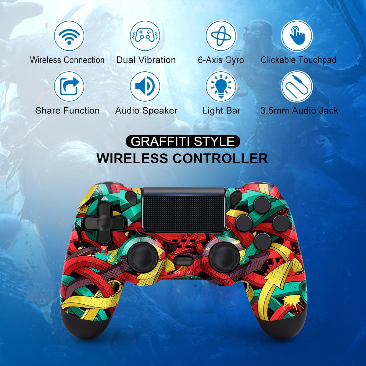 MOOGOLE Wireless Controller for PS4, with USB C Cable/1000mAh Battery/Dual Motors/6-Axis Gyro/3.5mm Audio Jack/Multi Touch Pad/Share Button, Compatible with PS4/Slim/Pro/PC (Colorful Arrows)