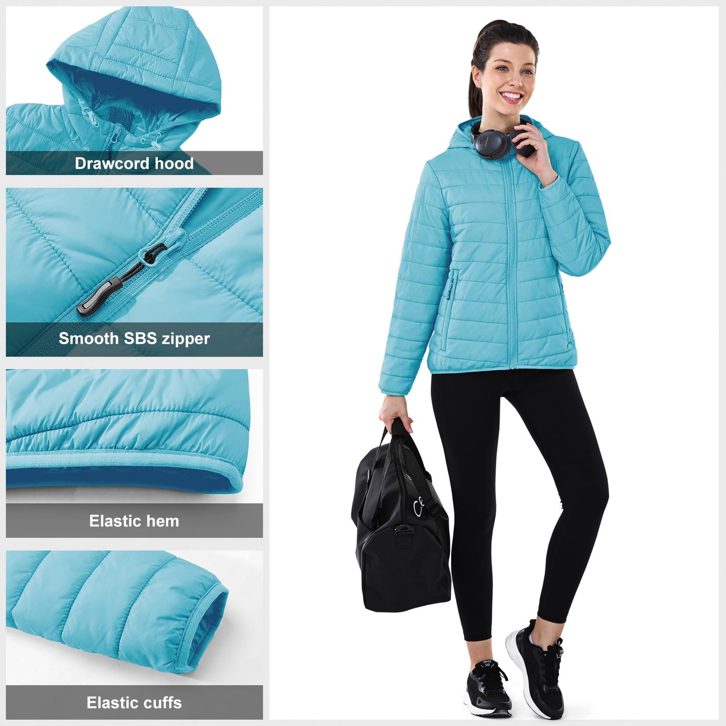 Outdoor Ventures Women's Packable Lightweight Full-Zip Puffer Jacket with Hood Quilted Winter Coat