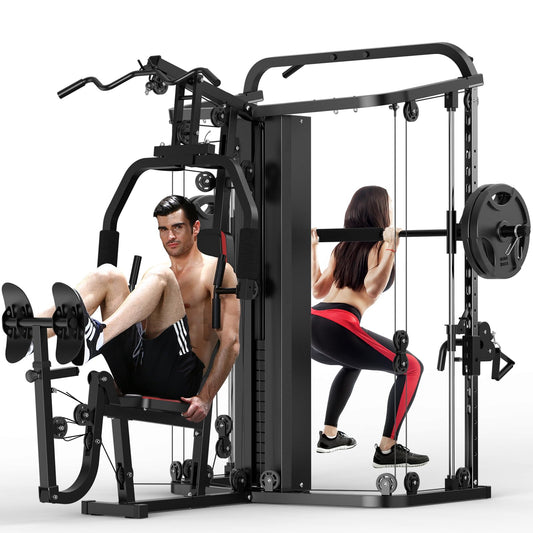 SunHome Multifunction Home Gym System Workout Station,Smith Machine with 138LB Weight Stack, Leg Press, LAT Station for Full Body Training