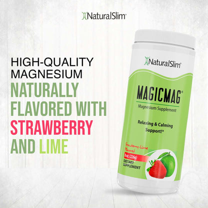 NaturalSlim Magicmag Pure Magnesium Citrate Powder – Stress, Constipation, Muscle, Heart Health, and Sleep Support | Natural Strawberry & Lime Flavored Magnesium Supplement - 8oz Drink Mix (Solo)