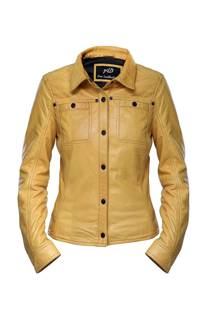 Jild Womens Button Front Lambskin Leather Jacket Shacket - Casual Shirt Long Sleeve Leather Jacket Women with Bust Pocket (Yellow-L)