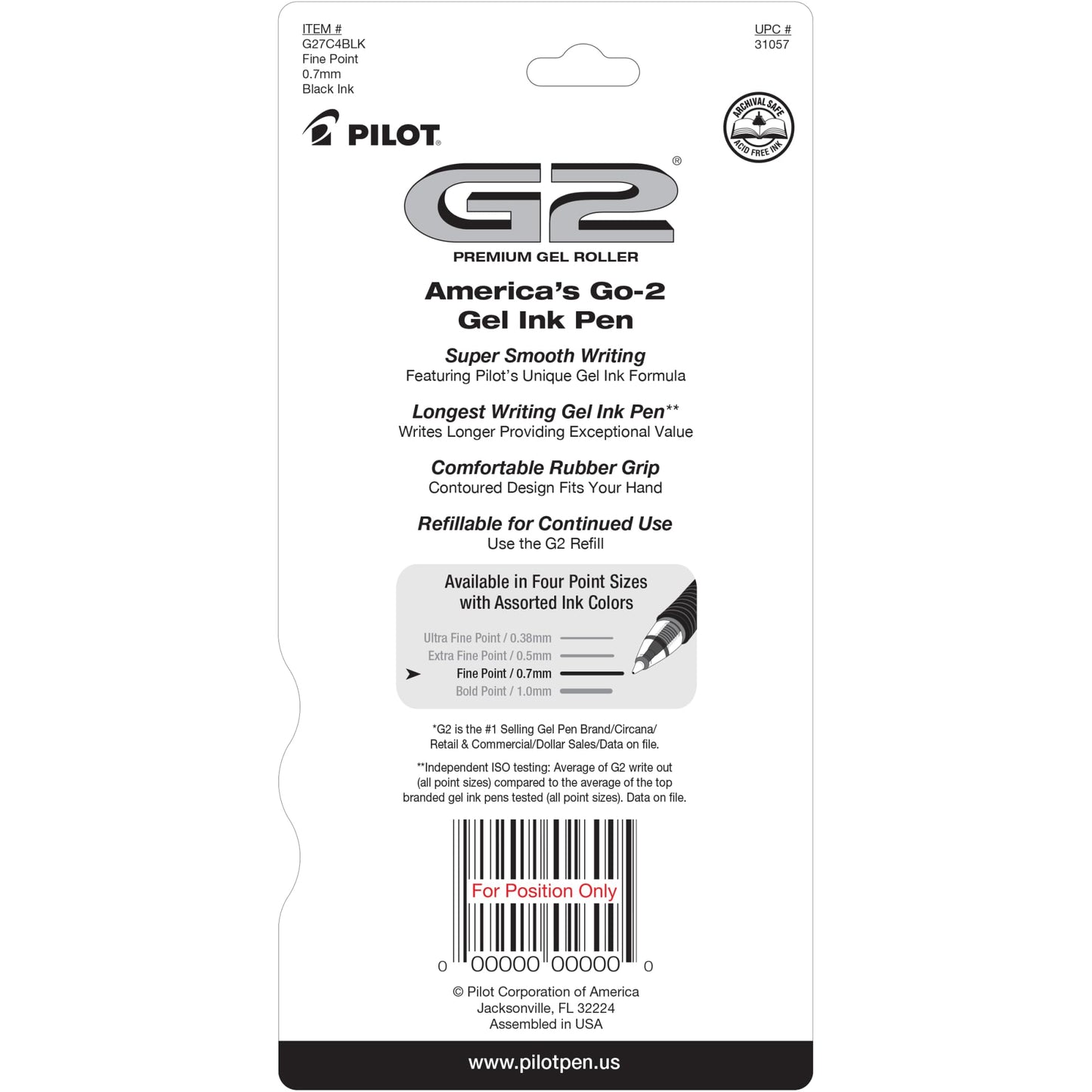 Pilot, G2 Premium Gel Roller Pens, Fine Point 0.7 mm, Black, Pack of 4